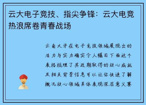 云大电子竞技、指尖争锋：云大电竞热浪席卷青春战场